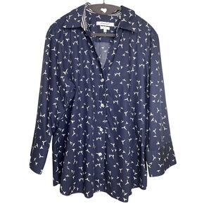 FOXCROFT NYC Easy Care - Size Large Button-up Top - Navy w/White Bird Pattern